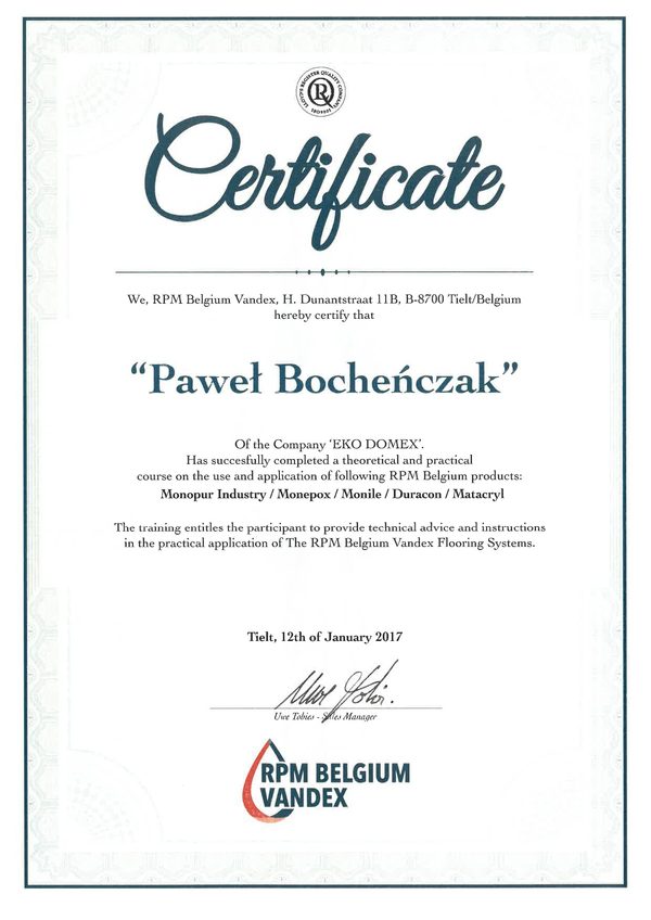 Certyfikat dla Pawła Bocheńczaka